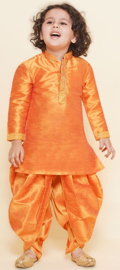 Orange color Boys Dhoti Kurta in Dupion Silk fabric with Embroidered work