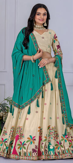 White and Off White color Lehenga in Silk fabric with Embroidered, Sequence, Thread work