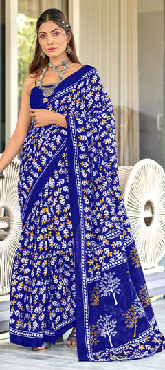 Blue color Saree in Cotton, Malmal fabric with Printed work