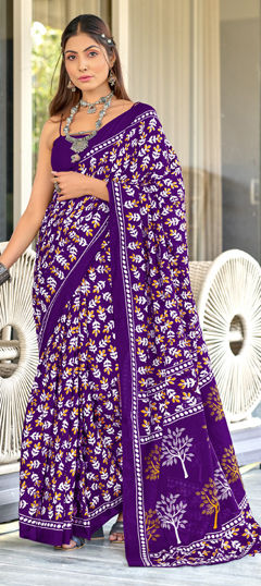 Purple and Violet color Saree in Cotton, Malmal fabric with Printed work