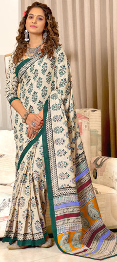 White and Off White color Saree in Cotton, Malmal fabric with Printed work