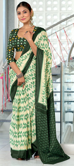 Green, White and Off White color Saree in Cotton, Malmal fabric with Printed work