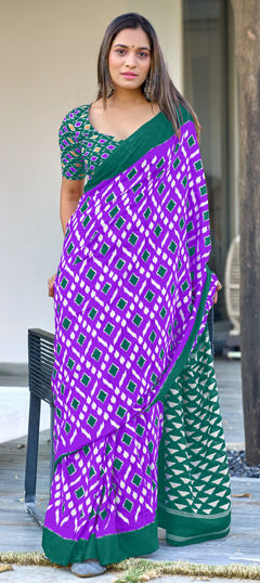 Purple and Violet color Saree in Cotton, Malmal fabric with Printed work