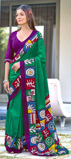 Green color Saree in Cotton, Malmal fabric with Printed work