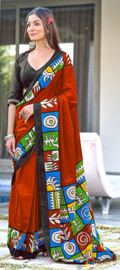 Red and Maroon color Saree in Cotton, Malmal fabric with Printed work