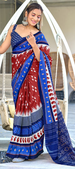 Red and Maroon color Saree in Cotton fabric with Printed work