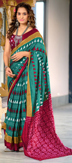 Green color Saree in Cotton, Malmal fabric with Block Print work
