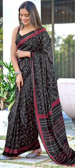 Black and Grey color Saree in Cotton, Malmal fabric with Printed work