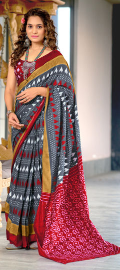 Black and Grey color Saree in Cotton, Malmal fabric with Block Print work