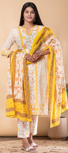 Pink and Majenta, Yellow color Salwar Kameez in Cotton fabric with Bugle Beads, Floral, Printed, Thread work