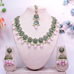 Gold Rodium Polish Pink and Majenta color Necklace in Metal Alloy studded with CZ Diamond, Kundan, Pearl
