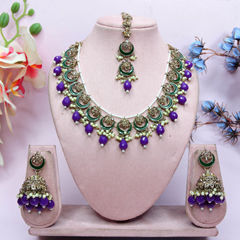 Gold Rodium Polish Purple and Violet color Necklace in Metal Alloy studded with CZ Diamond, Kundan, Pearl