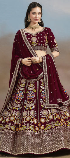 Red and Maroon color Lehenga in Georgette fabric with Embroidered, Sequence, Thread, Zari work