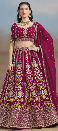 Pink and Majenta color Lehenga in Georgette fabric with Embroidered, Sequence, Thread, Zari work