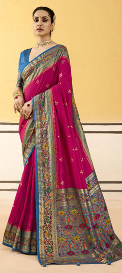 Pink and Majenta color Saree in Silk fabric with Weaving work