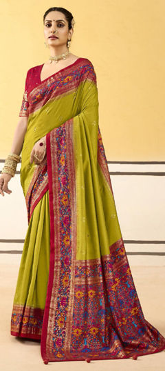 Green color Saree in Silk fabric with Weaving work