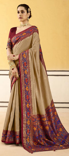 Beige and Brown color Saree in Silk fabric with Weaving work