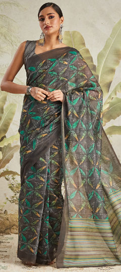 Black and Grey color Saree in Cotton fabric with Digital Print work