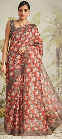 Beige and Brown color Saree in Cotton fabric with Digital Print work