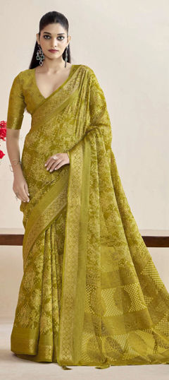 Green color Saree in Silk fabric with Bandhej, Printed, Weaving work
