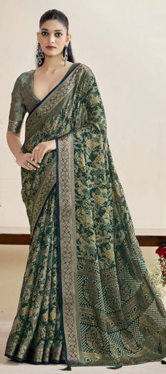 Green color Saree in Silk fabric with Bandhej, Printed, Weaving work