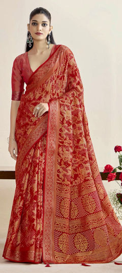 Red and Maroon color Saree in Silk fabric with Bandhej, Printed, Weaving work