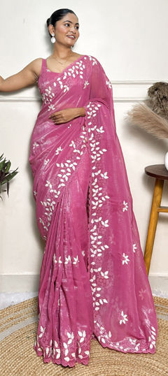 Pink and Majenta color Saree in Art Silk fabric with Embroidered, Thread work