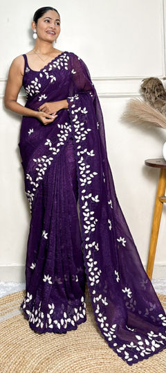 Purple and Violet color Saree in Art Silk fabric with Embroidered, Thread work
