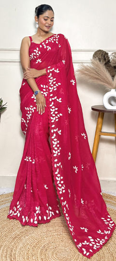 Pink and Majenta color Saree in Art Silk fabric with Embroidered, Thread work