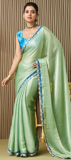 Green color Saree in Chiffon fabric with Lace work