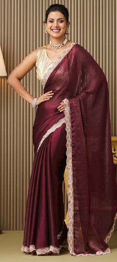 Red and Maroon color Saree in Chiffon fabric with Lace work