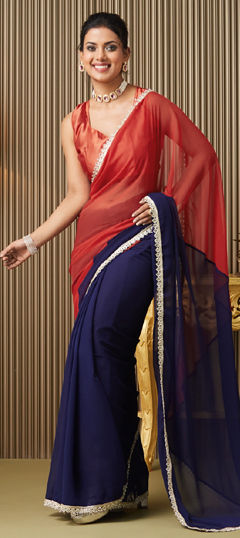 Blue color Saree in Chiffon fabric with Lace work