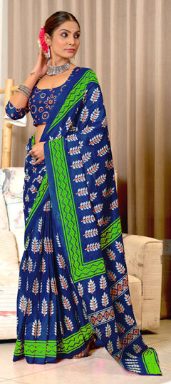 Blue color Saree in Cotton, Malmal fabric with Block Print work