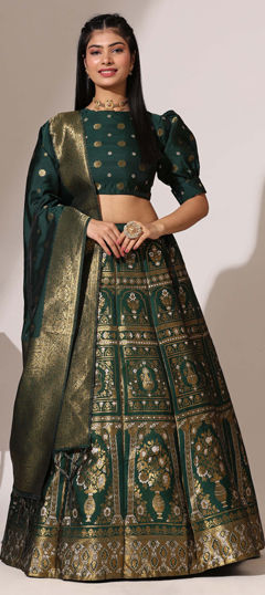 Green color Lehenga in Jacquard fabric with Zari work