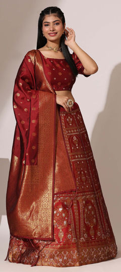 Red and Maroon color Lehenga in Jacquard fabric with Zari work