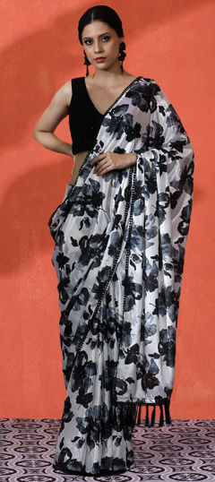 Black and Grey, White and Off White color Saree in Chinon Silk fabric with Floral work