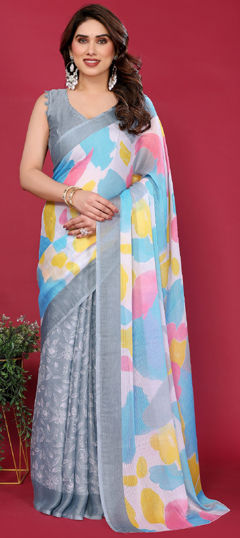 Black and Grey, Yellow color Saree in Faux Chiffon fabric with Printed work