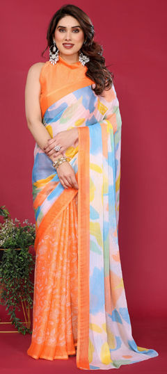 Orange, Yellow color Saree in Faux Chiffon fabric with Printed work