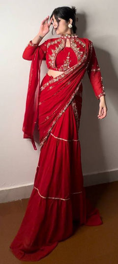 Red and Maroon color Ready to Wear Lehenga in Faux Georgette fabric with Embroidered, Mirror, Sequence, Thread work