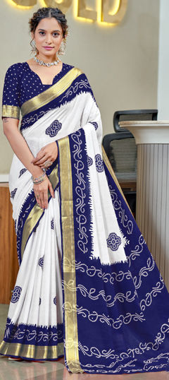 Blue color Saree in Cotton fabric with Bandhej, Printed work
