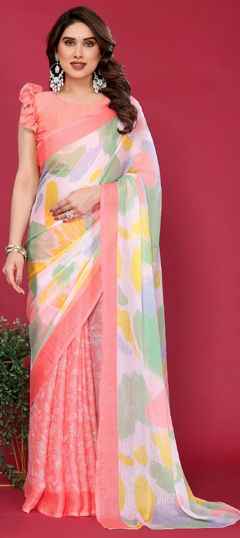 Green, Pink and Majenta color Saree in Faux Chiffon fabric with Printed work