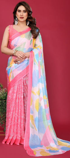 Blue, Pink and Majenta color Saree in Faux Chiffon fabric with Printed work