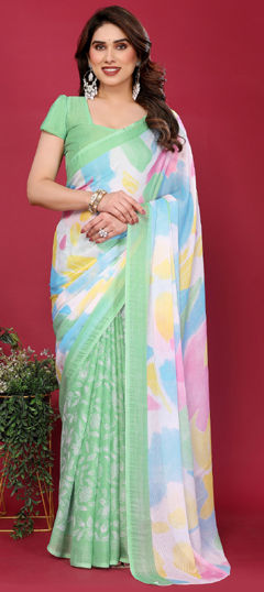 Blue, Green color Saree in Faux Chiffon fabric with Printed work