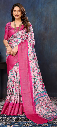Pink and Majenta color Saree in Silk cotton fabric with Printed, Weaving work