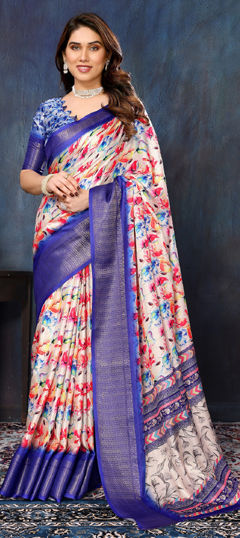 Blue color Saree in Silk cotton fabric with Printed, Weaving work