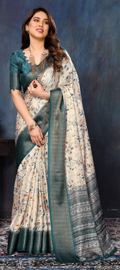 Beige and Brown color Saree in Silk cotton fabric with Printed, Weaving work