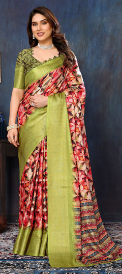 Green color Saree in Silk cotton fabric with Printed, Weaving work