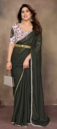 Green color Saree in Georgette fabric with Lace, Mirror work
