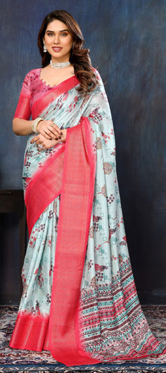 Blue color Saree in Silk cotton fabric with Printed, Weaving work