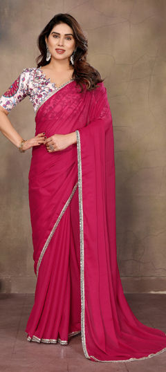 Pink and Majenta color Saree in Georgette fabric with Lace, Mirror work